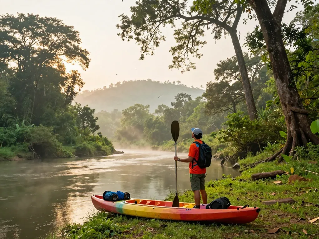 Kayaking adventure in Dandeli's lush landscape at sunrise.