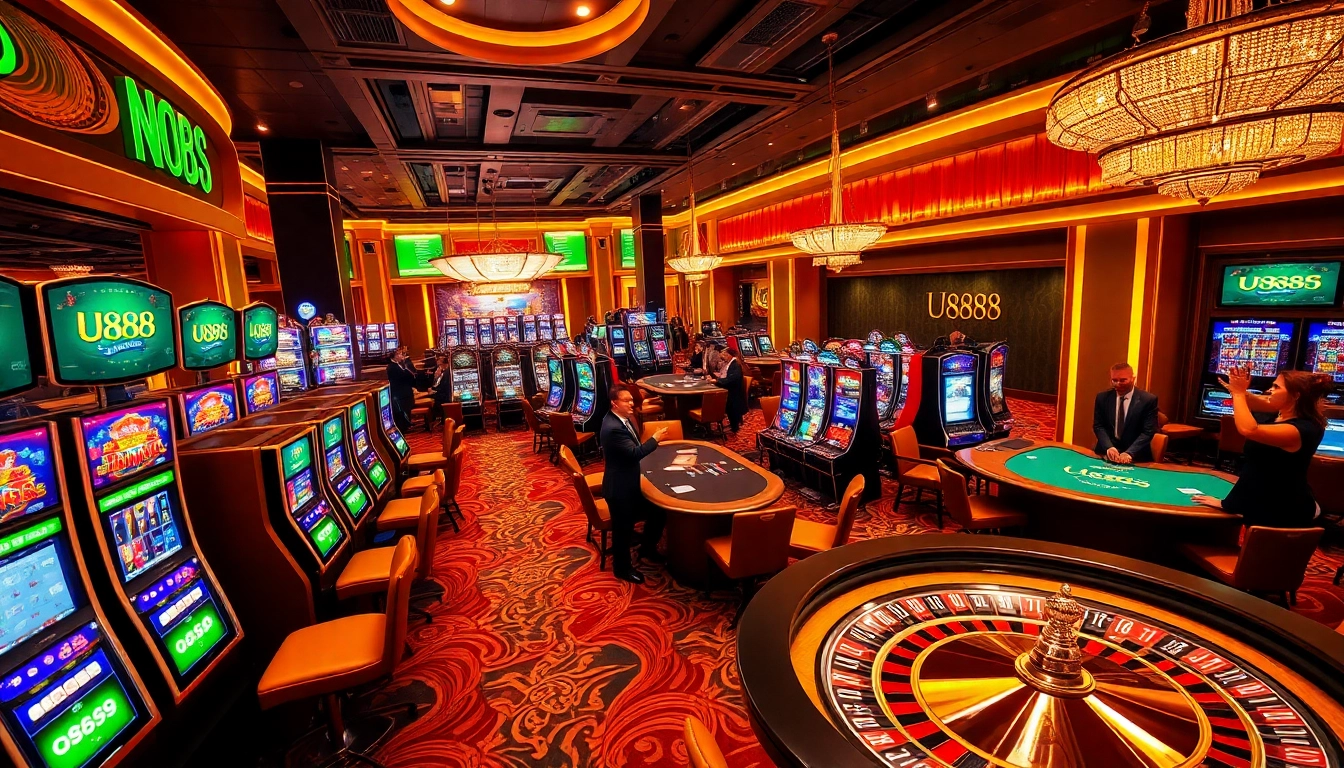 Experience the thrill of U888 with vibrant casino games and elegant decor.