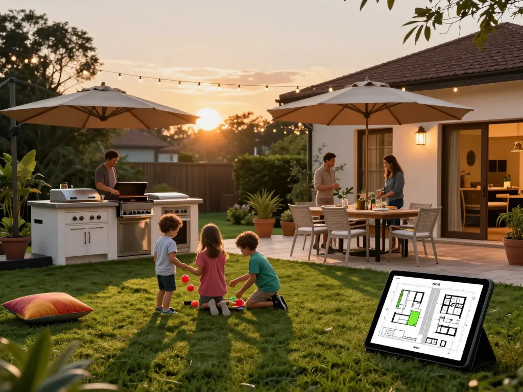 Outdoor living configurator showcasing a family-friendly patio design with grilling and dining area