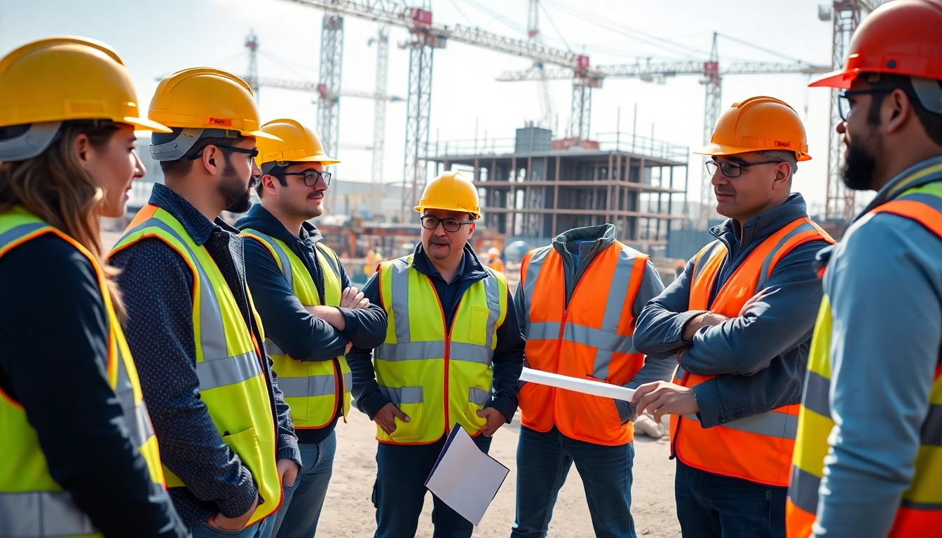 Construction site safety training session with engaged workers and an instructor on site.