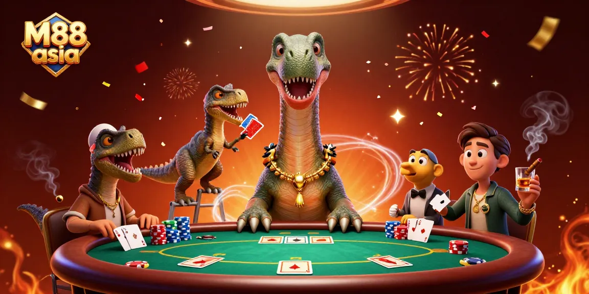 Experience thrilling poker action at M88 asia with a towering brontosaurus dealer and creative card antics.