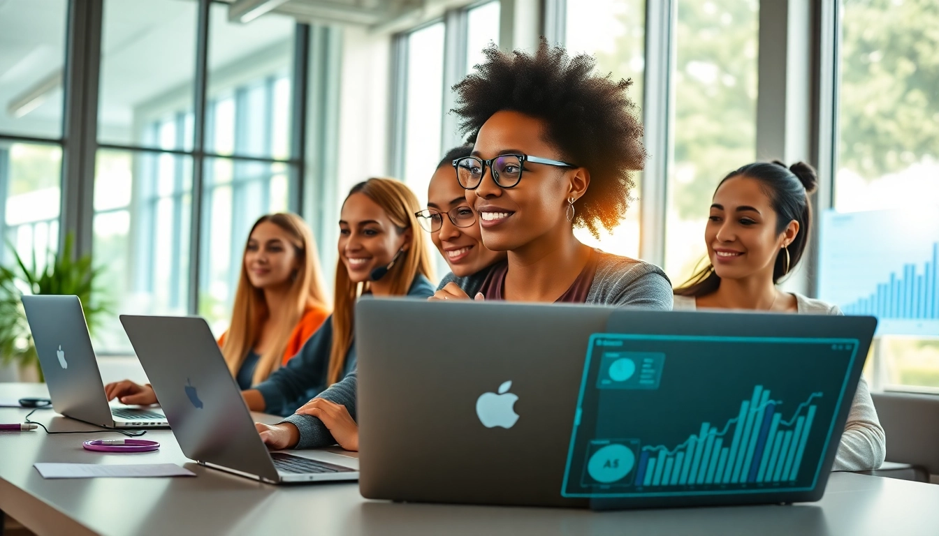 Engaging teamwork using enterprise assistant software in a vibrant office environment.