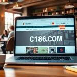 C168.COM displayed on a laptop in a cozy coffee shop, inviting customers to explore online shopping.