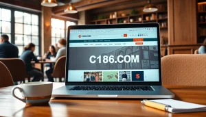 C168.COM displayed on a laptop in a cozy coffee shop, inviting customers to explore online shopping.