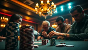 Players engaging in a high-stakes game at https://uu88.how/, showcasing intense concentration and rich casino aesthetics.