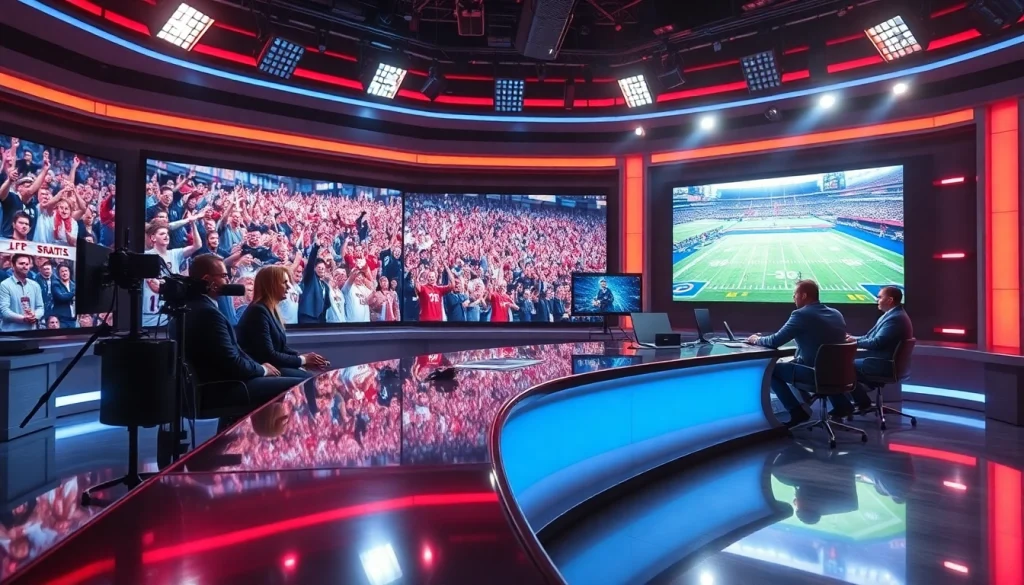 스포츠중계하는 분석가들의 역동적인 방송 장면