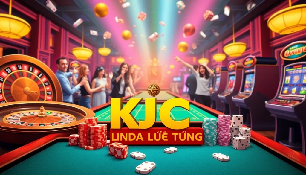 Exciting casino atmosphere with poker tables and slot machines featuring KJC AC 2 branding for a vibrant gambling experience.