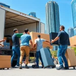 Toronto movers carefully loading furniture into a truck on a sunny city street.