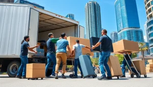 Toronto movers carefully loading furniture into a truck on a sunny city street.