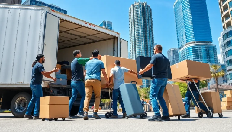 Toronto movers carefully loading furniture into a truck on a sunny city street.