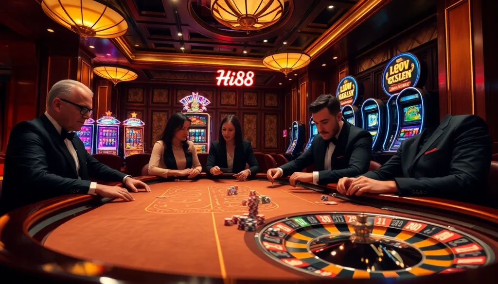 Hi88 illuminated at a high-stakes poker table, capturing the intense gambling atmosphere.