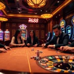 Hi88 illuminated at a high-stakes poker table, capturing the intense gambling atmosphere.