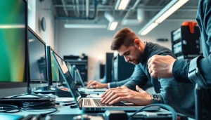 Technicians delivering expert computer services in a well-equipped repair shop.