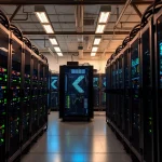 Dynamic view of bitcoin mining operations in a modern data center with ASIC mining rigs.