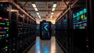 Dynamic view of bitcoin mining operations in a modern data center with ASIC mining rigs.