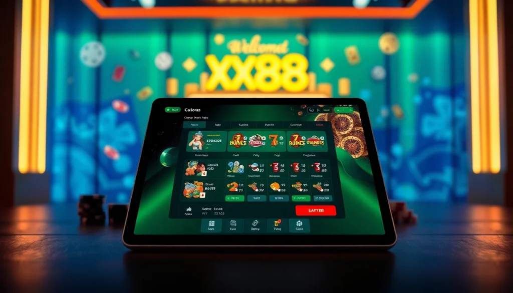 Experience the exciting online gaming environment at https://xx88.pizza/ with a vibrant tablet interface showcasing gaming icons.