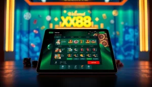 Experience the exciting online gaming environment at https://xx88.pizza/ with a vibrant tablet interface showcasing gaming icons.