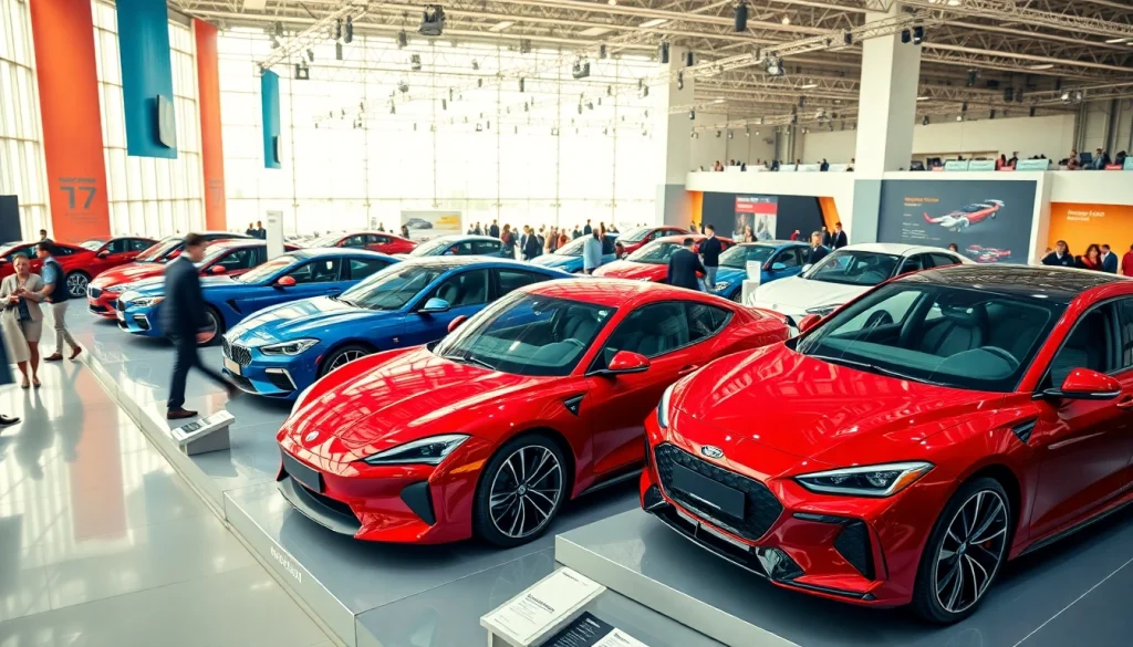 Engaged visitors admiring cars at an Auto Cars Show featuring modern and luxurious vehicles.