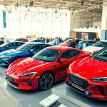 Engaged visitors admiring cars at an Auto Cars Show featuring modern and luxurious vehicles.