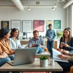 Highlight small business jobs recruitment activities in a vibrant office setting with diverse participants.