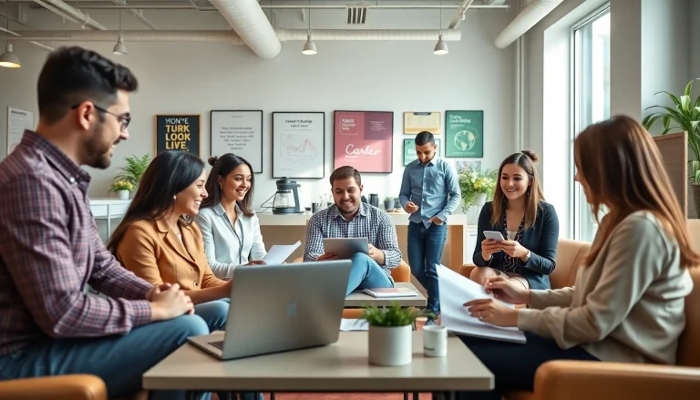 Highlight small business jobs recruitment activities in a vibrant office setting with diverse participants.