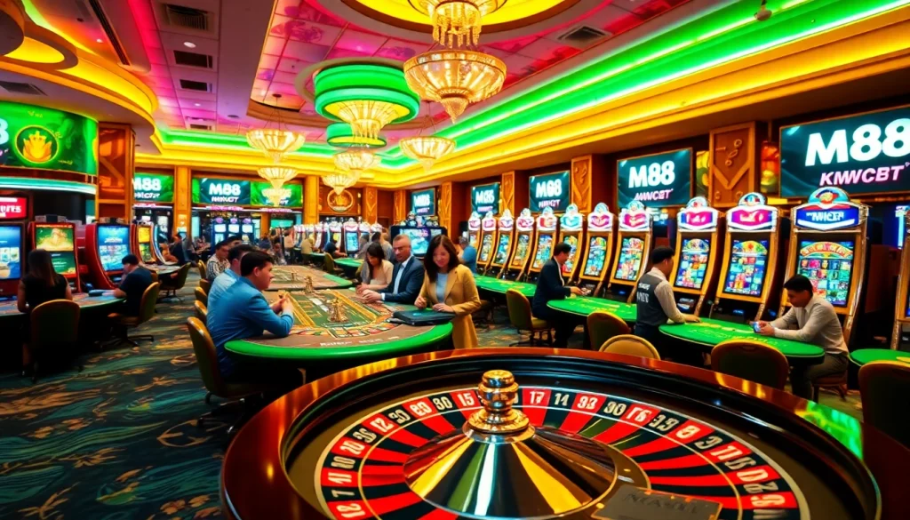 Players winning big at MM88 casino tables, showcasing roulette and poker chips in action.