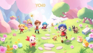 Explore fun characters from Yono games in a colorful fantasy landscape filled with adventure.