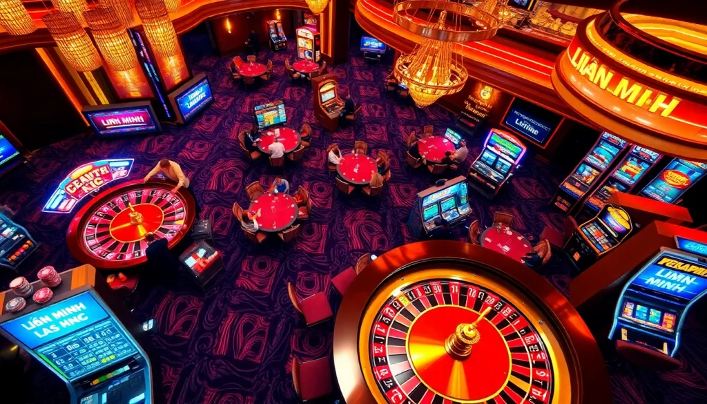 LIÊN MINH KJC captures the excitement of high-stakes poker in a bustling casino atmosphere.