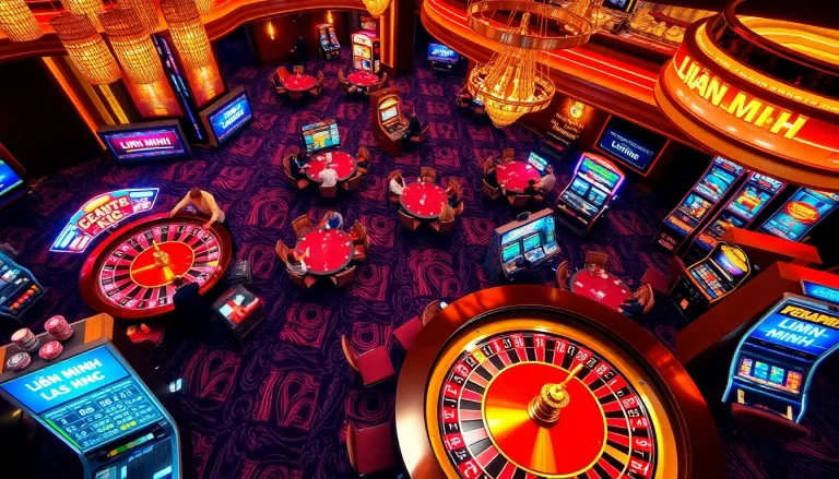 LIÊN MINH KJC captures the excitement of high-stakes poker in a bustling casino atmosphere.