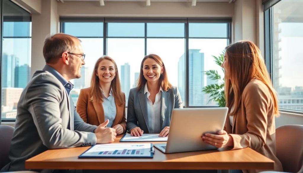 Engaging real estate agent showcasing property listings in a bright office setting.