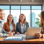 Engaging real estate agent showcasing property listings in a bright office setting.