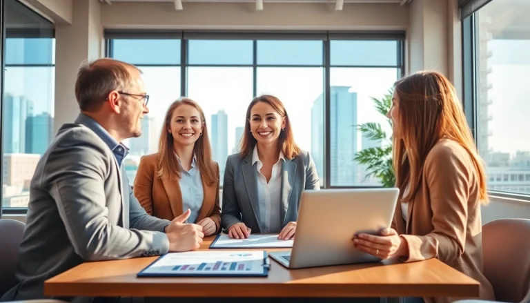 Engaging real estate agent showcasing property listings in a bright office setting.