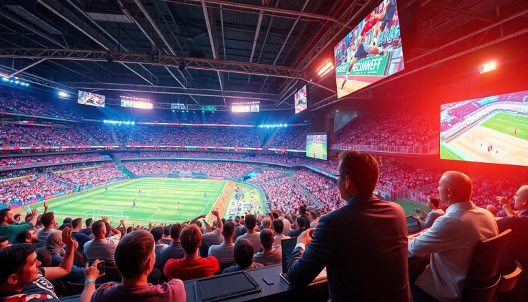 스포츠중계에 대한 생생한 장면을 제공하는 열정적인 스포츠 팬과 중계 화면의 이미지
