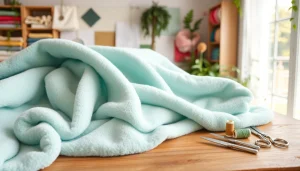 Fleece-stof met textuur en naaigerei op een tafel vastgelegd