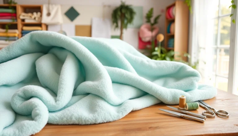 Fleece-stof met textuur en naaigerei op een tafel vastgelegd