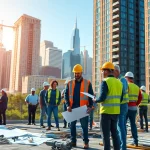 Showcasing a Manhattan Commercial General Contractor team on a construction site with the city skyline in the background.