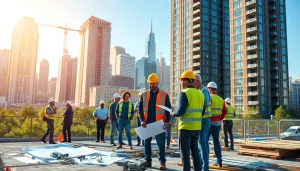 Showcasing a Manhattan Commercial General Contractor team on a construction site with the city skyline in the background.