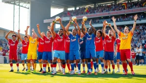 Young athletes in colorful team football kits celebrating victory on the pitch.