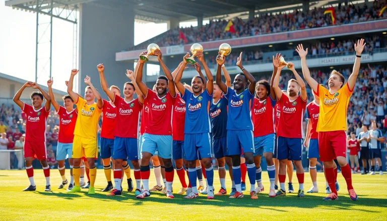 Young athletes in colorful team football kits celebrating victory on the pitch.