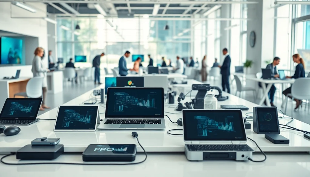Technology devices displayed in a modern office environment emphasizing innovation and collaboration.