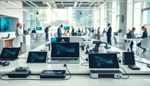 Technology devices displayed in a modern office environment emphasizing innovation and collaboration.