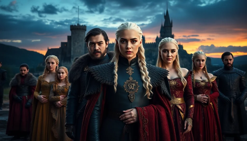 Showcase the game of thrones cast among iconic settings reflecting the series' grandeur and drama.