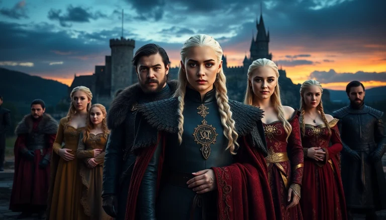 Showcase the game of thrones cast among iconic settings reflecting the series' grandeur and drama.