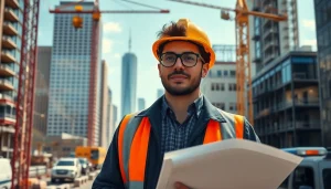 Showcasing a New York Construction Manager leading a team at an urban construction site.