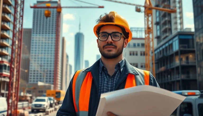 Showcasing a New York Construction Manager leading a team at an urban construction site.