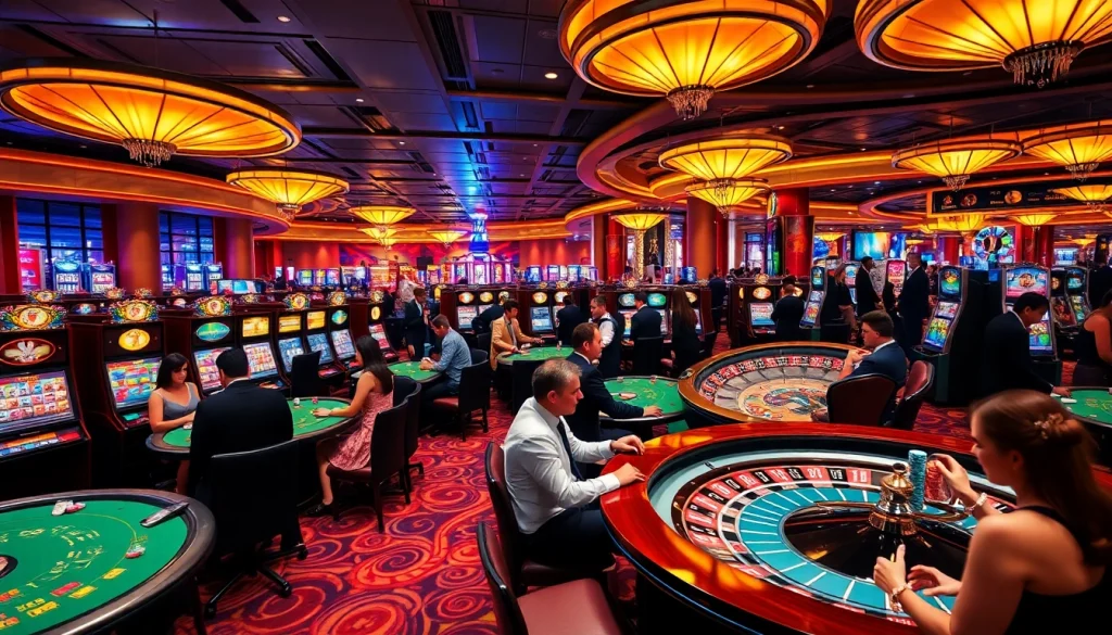 Casino gaming scene featuring KJC brand elements, showcasing vibrant tables and exciting players.