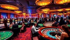 Casino gaming scene featuring KJC brand elements, showcasing vibrant tables and exciting players.