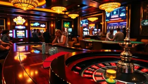 KJC casino ambiance featuring exciting players around a roulette table with poker chips and cards.