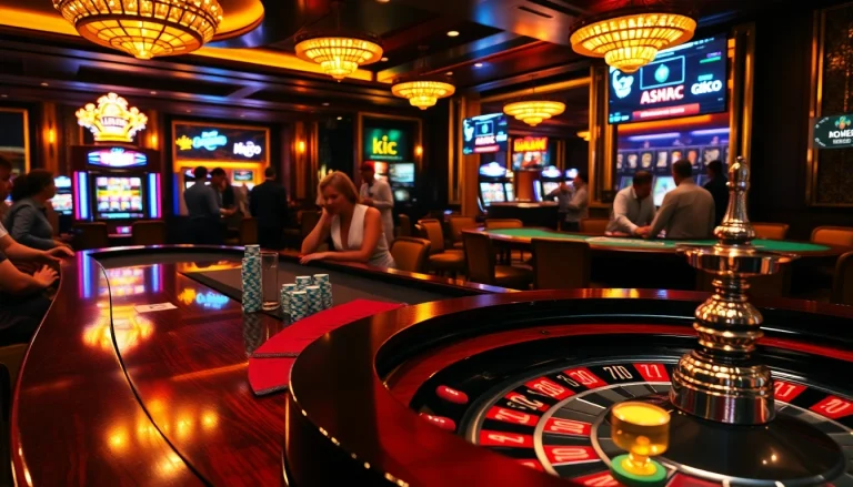 KJC casino ambiance featuring exciting players around a roulette table with poker chips and cards.