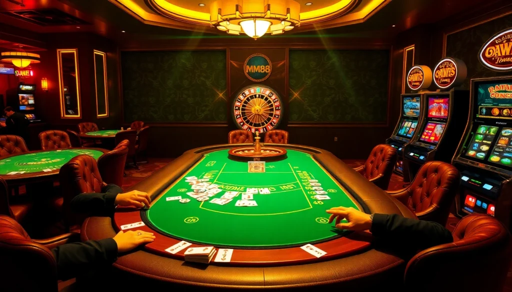Experience mm88's thrilling world with players at a poker table, vibrant casino cards, and roulette wheel.